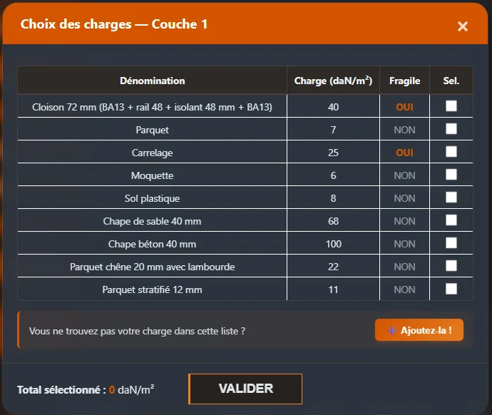Bibliothèque de charges de plancher EC5 Poutre Express, couche 1 : cloison 72 mm 40 daN/m² fragile, parquet 7, carrelage 25 fragile, chape de sable 68, chape béton 100, avec sélection et total