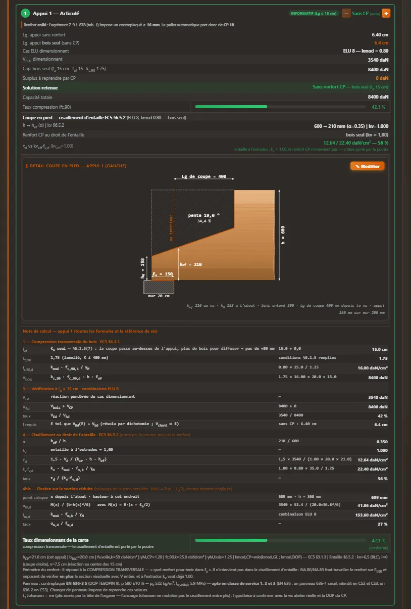 Carte d'appui avec coupe en pied : compression transversale, cisaillement d'entaille EC5 §6.5.2 avec kv et hef, détail coté et note de calcul de l'appui