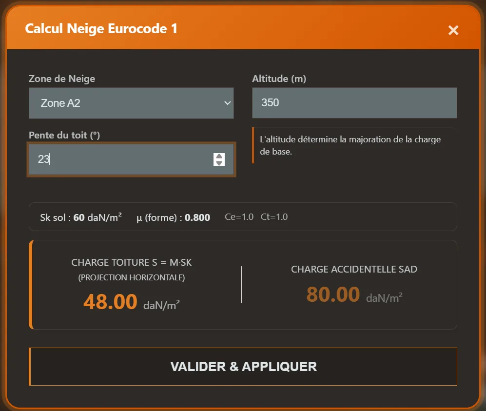 Module de calcul Neige : zone, altitude, pente, charges projetées et accidentelle