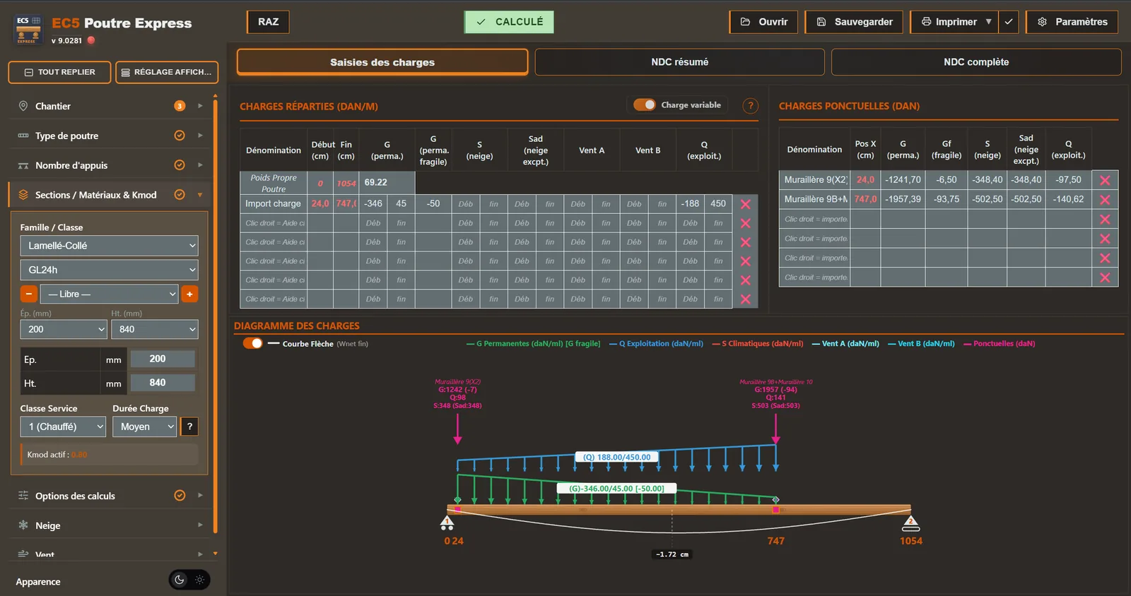 EC5 Poutre Express — Poutre sur 2 appuis : saisie des charges, sections, options de calcul et diagramme des charges