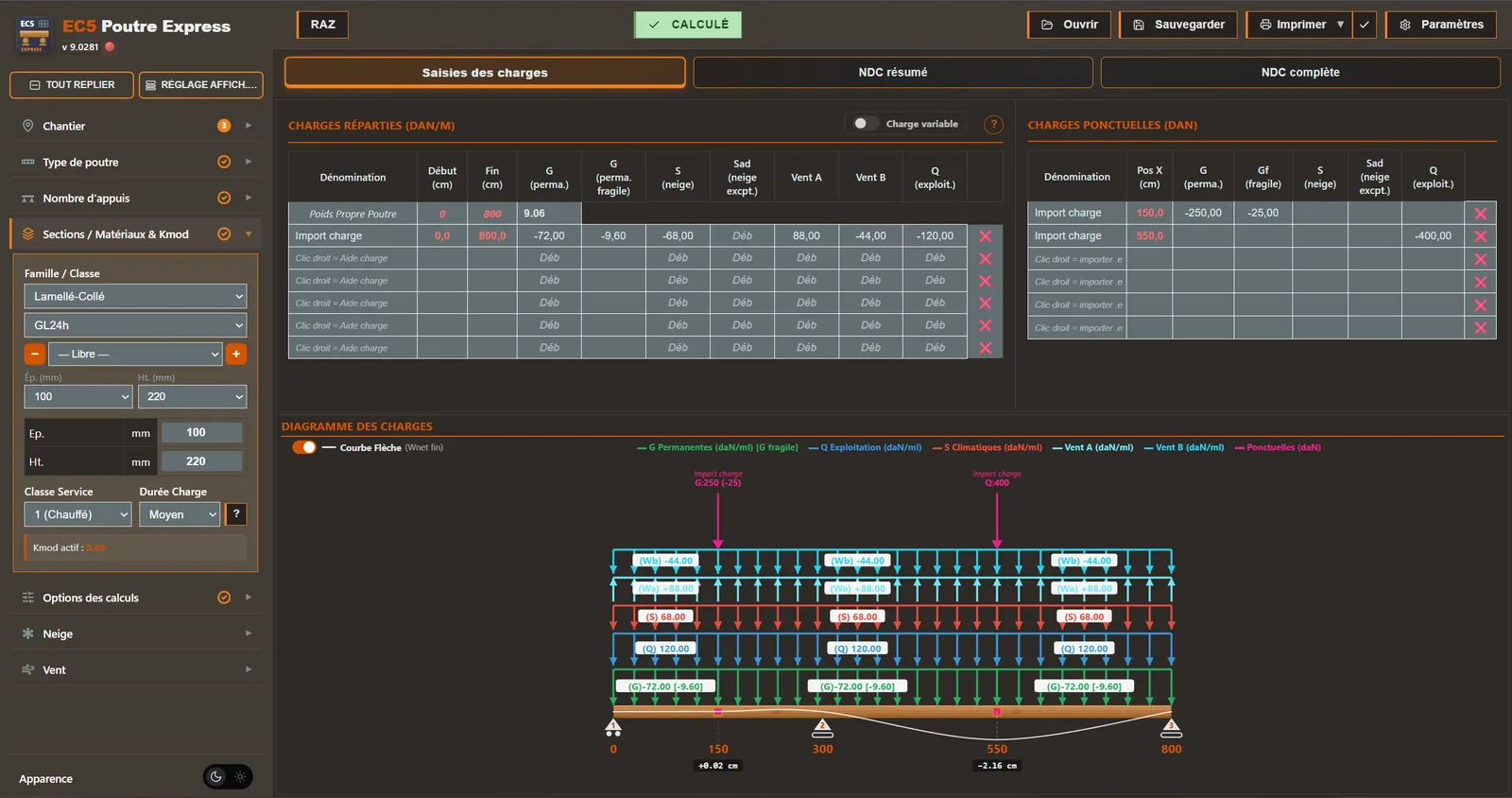 EC5 Poutre Express — Poutre sur 3 appuis : saisie des charges, sections, options de calcul et diagramme des charges