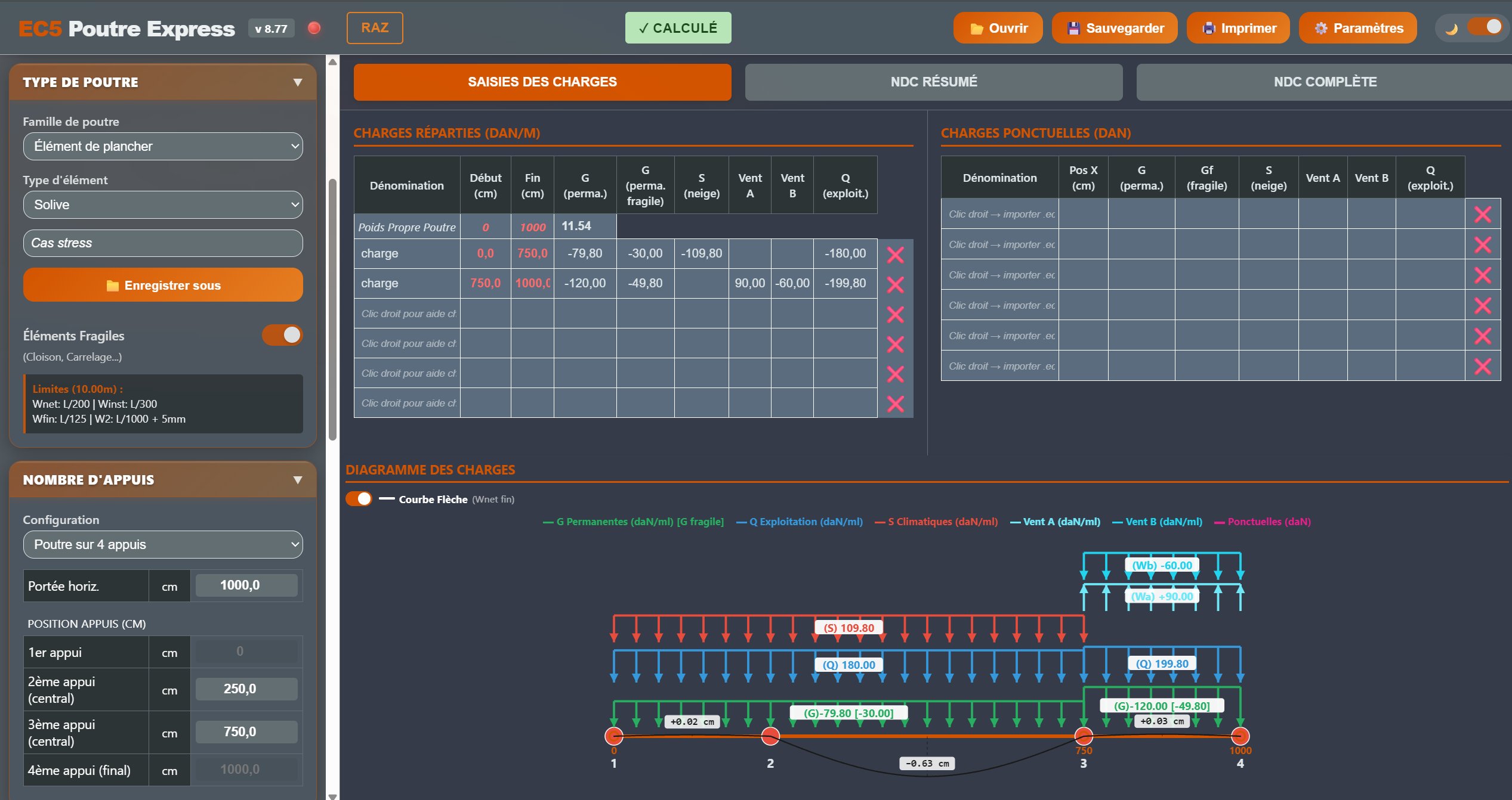 EC5 Poutre Express — Poutre sur 4 appuis : saisie des charges, sections, options de calcul et diagramme des charges
