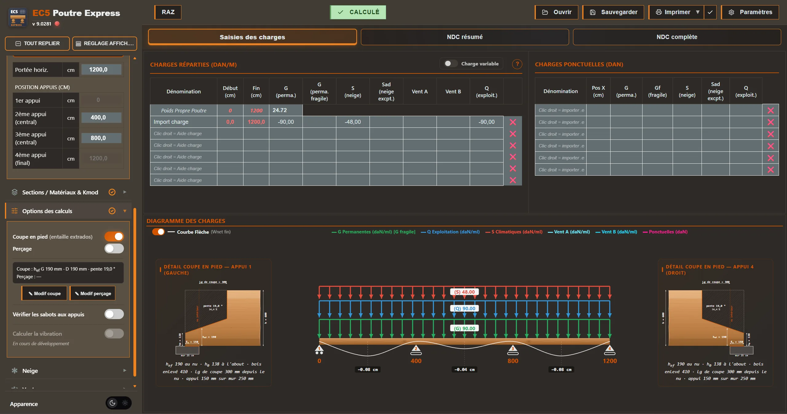 Interface du logiciel EC5 Poutre Express : saisie des charges, diagramme et flèche